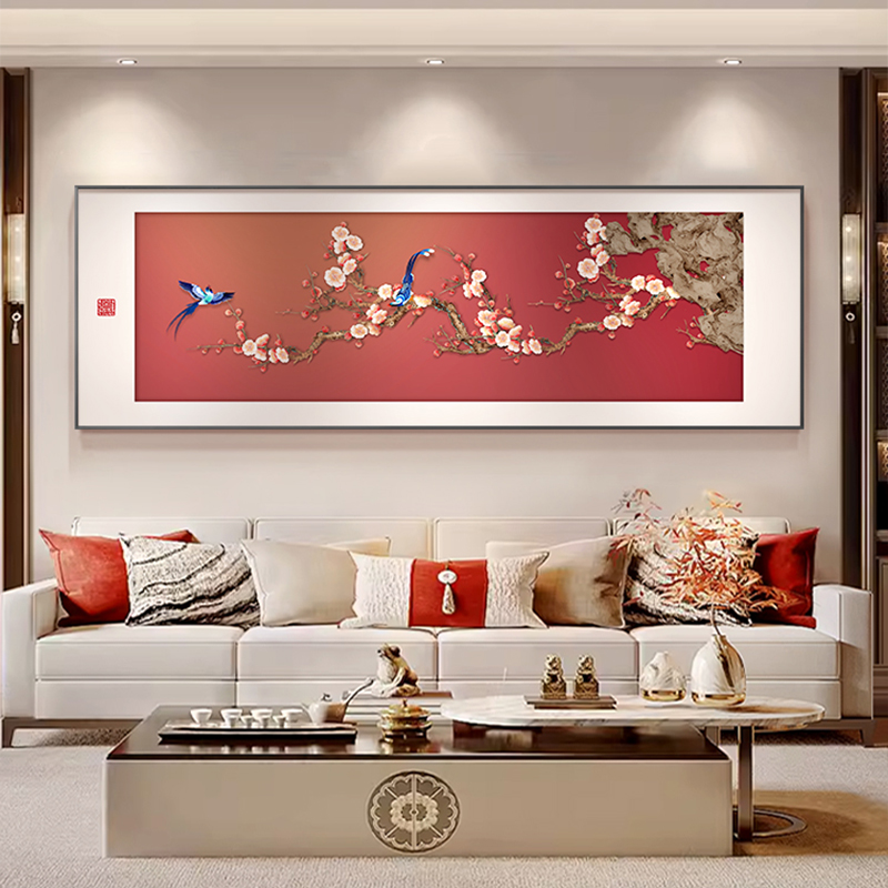新中式喜上枝头客厅装饰画中古感沙发背景墙挂画横幅喜庆花鸟壁画