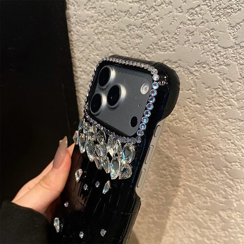 黑色格子鳄鱼纹适用苹果17promax手机壳华为pura80荣耀x70i小米17promax水钻vivos50奢华opporeno15闪钻立体p - 图3