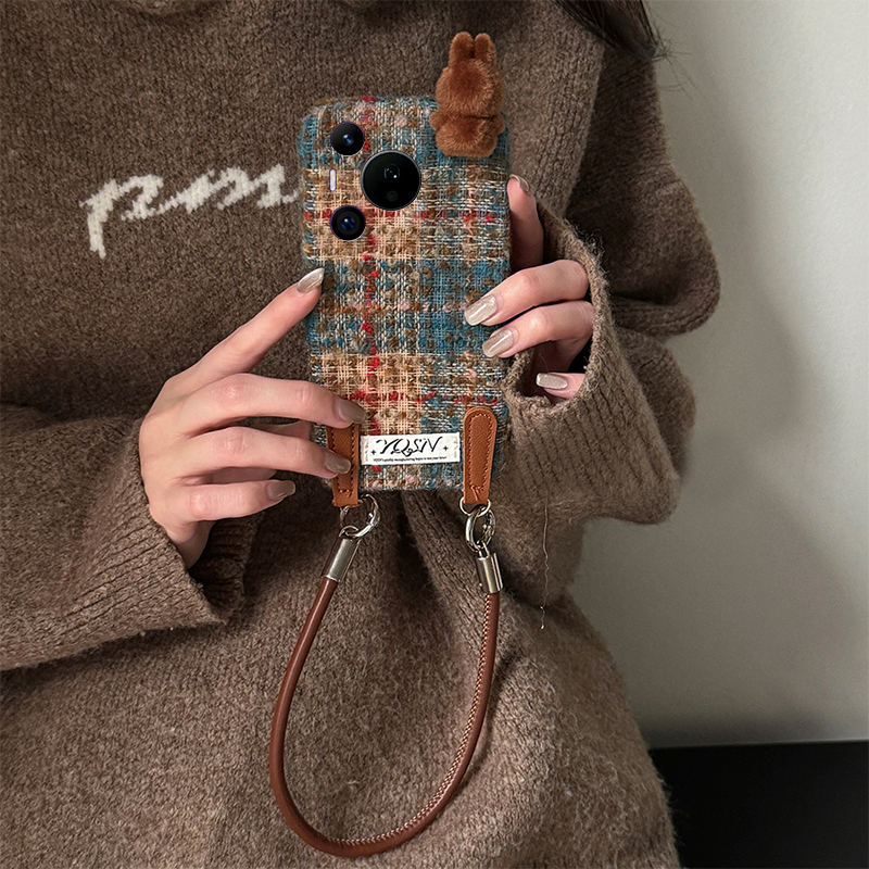 绒布拼接格子适用华为pura80pro+手机壳pura70ultra立体p60art趴趴p40por+十p30手提绳p20毛绒p10plus秋冬季p - 图3