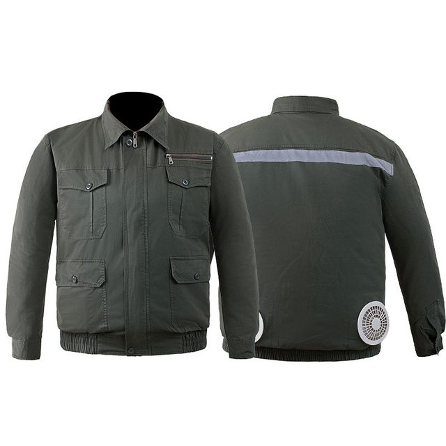 Summer cooling air conditioning suits clothes with fans. Worker charging, refrigeration, welding worker, labor protection, men's work clothes