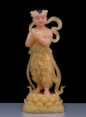 观世音菩萨佛像摆件坐南海观音金童玉女像汉白玉善财童子家用摆件