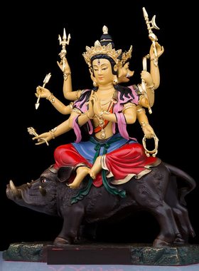 黄铜骑猪观音菩萨佛像三面八臂默里支天佛像光面佛母家用祝福摆件