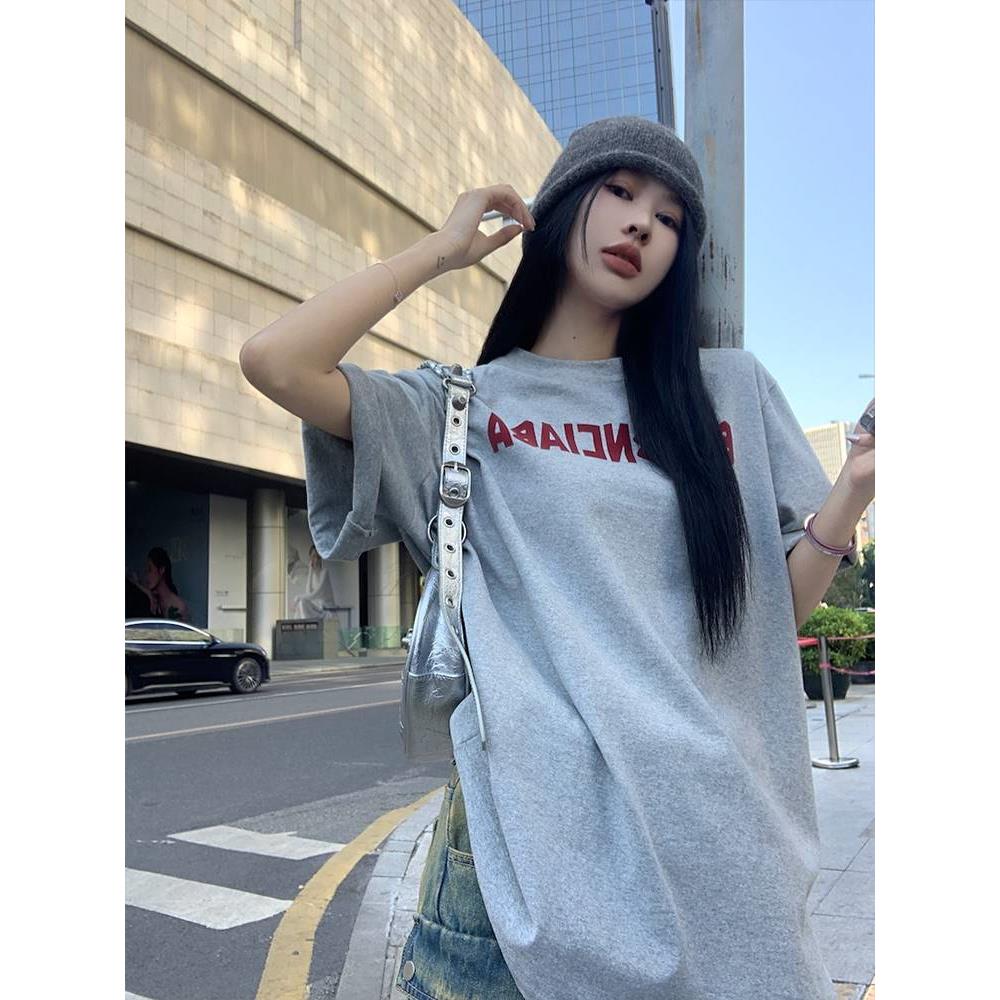 kumikumi美式小众字母印花短袖T恤女装夏季慵懒风宽松中长款上衣-图2