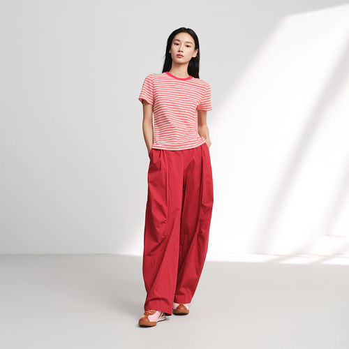 EP雅莹2026春装新款女装 红色条纹色织棉质圆领收腰短袖T恤5309A - 图3