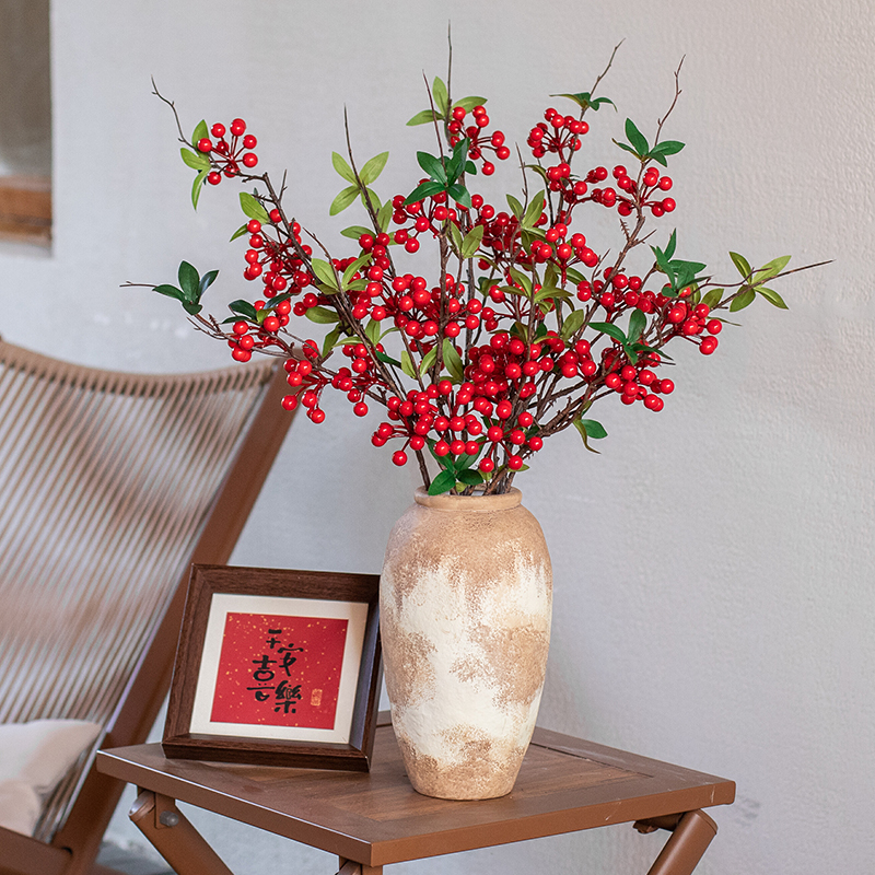 带叶红果发财果仿真花摆件冬青浆果树枝客厅假花摆设干花 - 图0