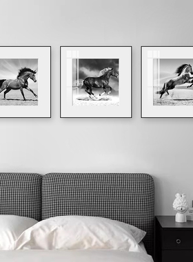 黑白骏马装饰画宅寂风卧室样板房挂画客厅墙面马到成功高级感壁画