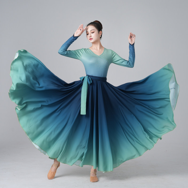 新款舞蹈服女渐变仙气V领上衣飘逸渐变雪纺720度大摆裙服装套装,淘宝优惠券,粉丝福利购,淘宝优惠卷