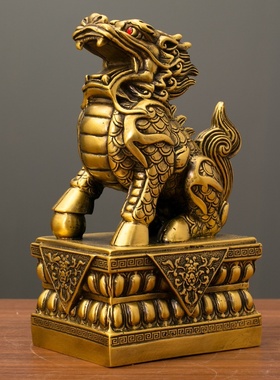 方底麒麟黄铜一对麒麟摆件家居客厅玄关桌面装饰品办公室店铺摆饰