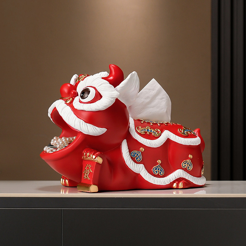 新中式国潮舞狮抽纸盒工艺摆件 新房装修客厅结婚喜庆搭配装饰品