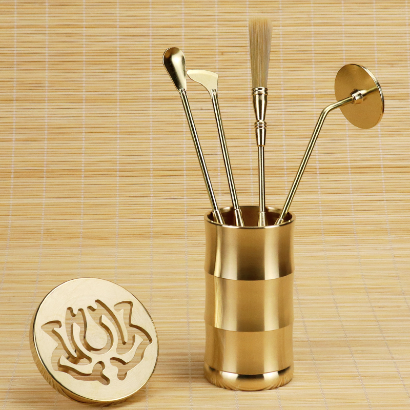 全黄铜香道工具套装打篆入门6厘米香篆香铲香勺灰压香筷香道瓶 - 图0