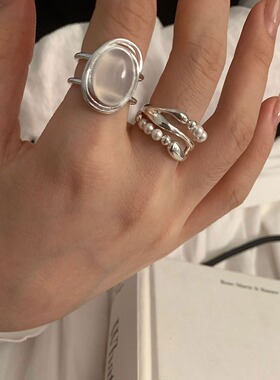 简约几何椭圆锆石戒指女线条缠绕多层开口指环ins小众设计食指戒