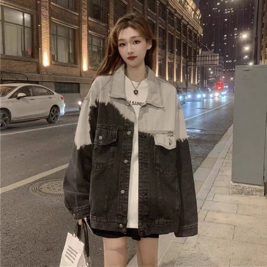 渐变色牛仔外套女秋季2025新款韩版宽松美式复古港味长袖夹克上衣