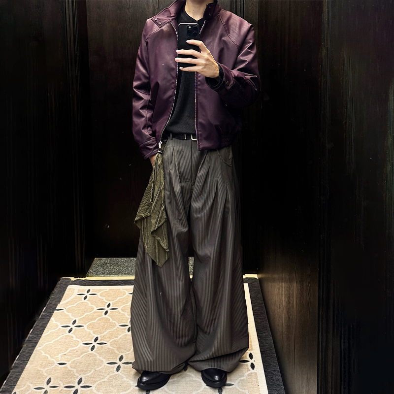 王橹杰同款 RELABEL 空间关系 提花条纹宽松打褶弯刀剑道西裤