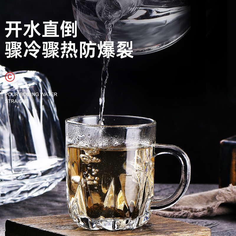 玻璃杯家用待客水杯客厅喝水杯子高温耐热茶杯套装小带把手啤酒杯