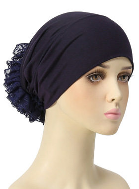 马来西亚大花朵抽绳打底帽外贸弹力包头帽蕾丝盘花帽turban wowen