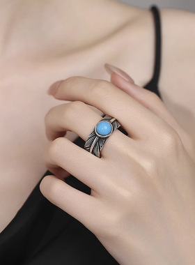 复古印第安蓝宝石羽毛戒指个性男