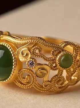 镂空玉石云纹戒指复古中国风高级