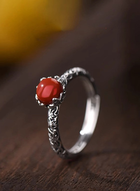 南红玛瑙戒指女士款复古小众设计