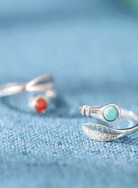 树叶银戒指镶嵌南红玛瑙女式叶片