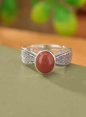 新品南红玛瑙复古做旧麦穗蛋面戒