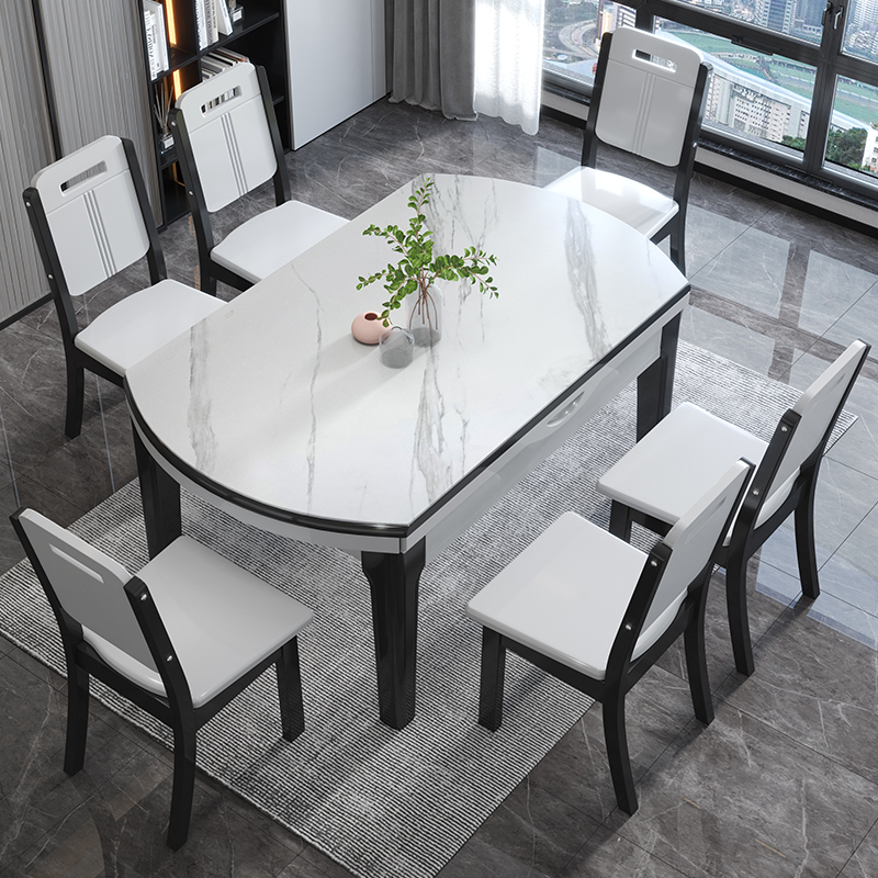 福春然现代中式简约家用饭桌一桌六椅方圆两用白色岩板实木餐桌,淘宝优惠券,粉丝福利购,淘宝优惠卷