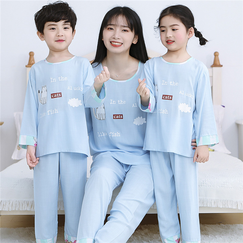 夏季儿童绵绸睡衣女童女孩亲子装母女装薄款宝宝小孩长袖棉绸套装 夏季儿童绵绸睡衣女童女孩亲子装母女装薄款宝宝小孩长袖棉绸套装