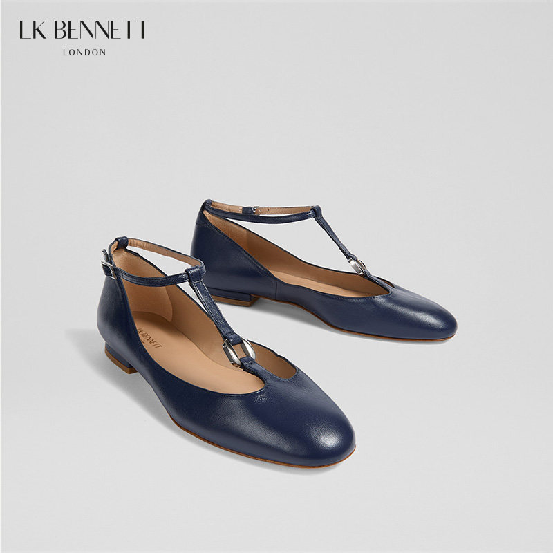 LK BENNETT深蓝圆头平底单鞋2025秋冬新款时尚进口羊皮T字带浅口,淘宝优惠券,粉丝福利购,淘宝优惠卷