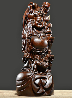 黑檀木雕弥勒佛像摆件实木多子多福五子登科布袋笑佛乔迁开业送礼