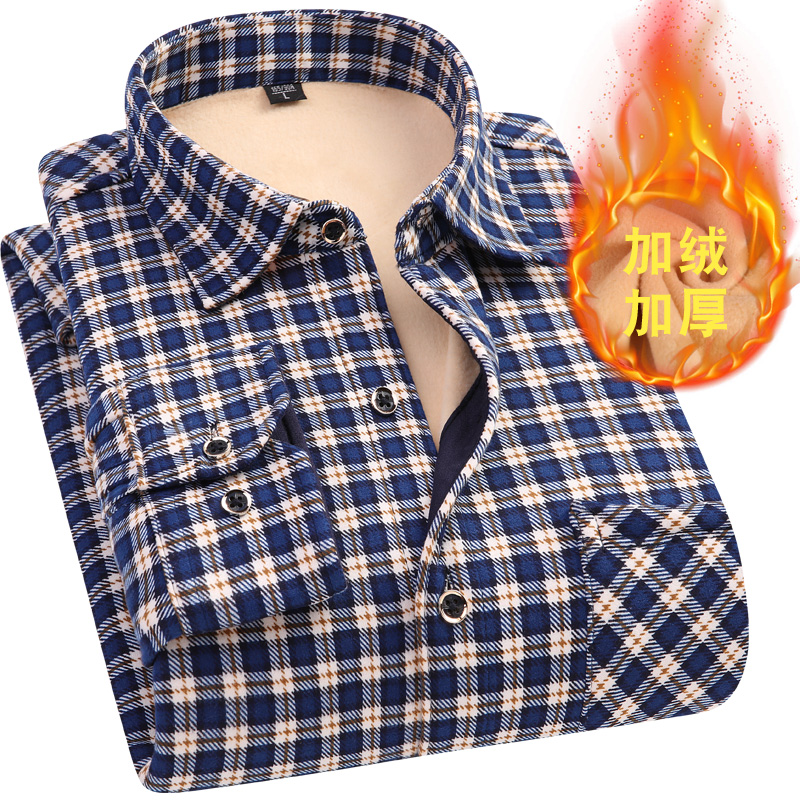 保暖男加厚加绒中老年格子复古衬衣 朗柏狮衬衫