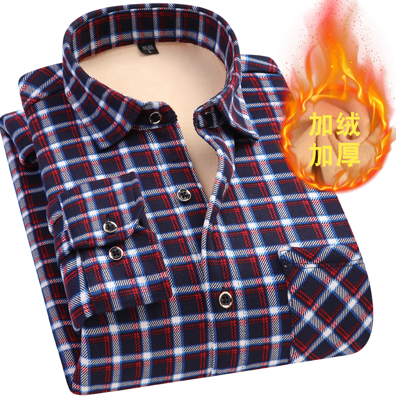 保暖男加厚加绒中老年格子复古衬衣 朗柏狮衬衫