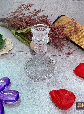 精致水晶玻璃烛台杆蜡花纹粉色
