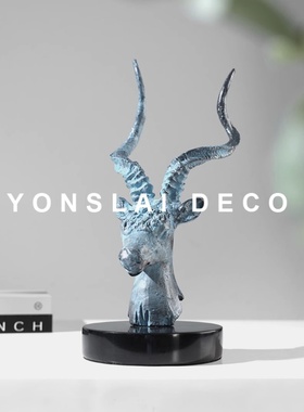 现代动物羚羊雕塑摆件创意艺术品金属大理石摆设样板间售楼处软装