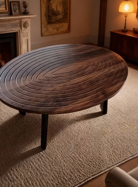 全实木胡桃木色椭圆茶几中古风