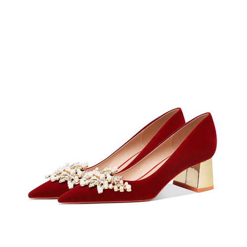 红色绝美婚鞋女秀禾服鞋子中式婚礼高跟结婚粗跟敬酒不累脚新娘鞋 - 图0