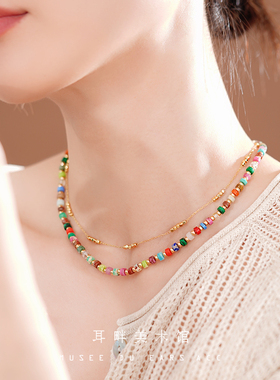 A彩虹天然石串珠项链手链女