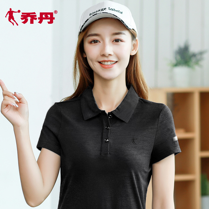 乔丹正肩短袖女翻领T恤POLO衫夏季新款羽毛球服粉色运动正品上衣-图1