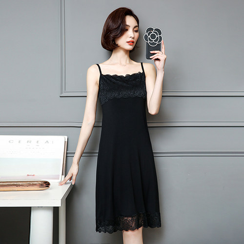 蕾丝吊带裙女中长款春秋内搭打底裙背心长裙外穿黑白色百搭连衣裙 - 图3