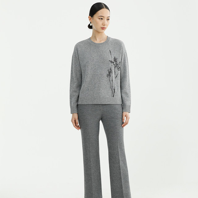 Debrafen's new winter gray embroidered round neck wool sweater women's pullover sweater lazy style bottoming shirt