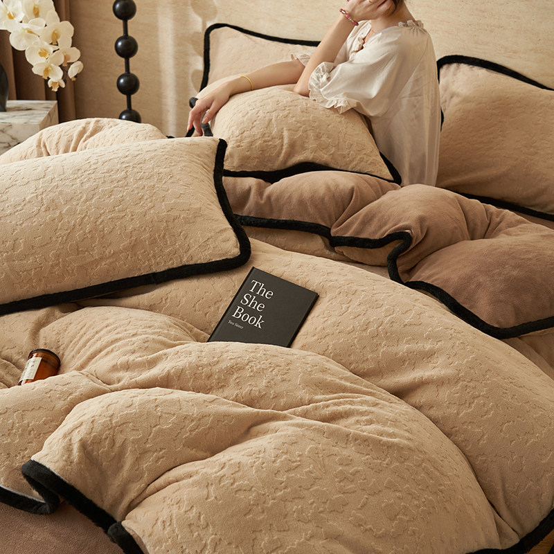 雕花牛奶绒保暖床上四件套纯色简约珊瑚绒床单被套罩冬季加厚加绒,淘宝优惠券,粉丝福利购,淘宝优惠卷