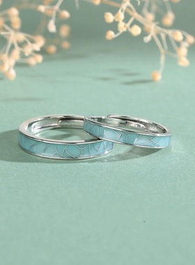 青花瓷S999足银情侣戒指新中式国风指环男女一对纯银手饰定情礼物