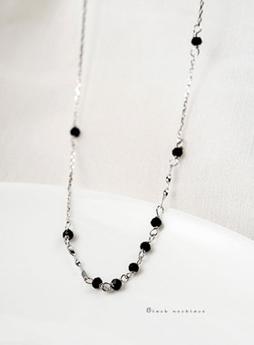 S925通体纯银黑色圆珠项链 简约时尚可抽拉锁骨链 气质百搭颈链