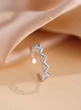 925纯银波浪戒指女锆石皇冠小众指环不掉色设计感简约戒子