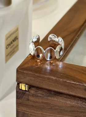 纯银戒指韩国ins简约个性冷淡风s925凹面椭圆拼接戒指女开口指杯