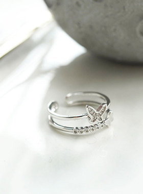 925纯银锆石蝴蝶戒指女不掉色小众双层指环简约设计感戒子