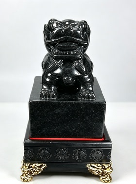 天然黑岩玉狮篆刻印章摆件招财