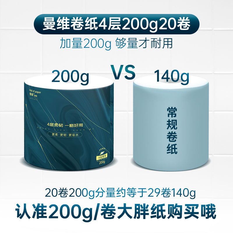 曼维纸巾卷纸200g大卷卫生纸4层加厚冲水即溶厕纸60卷整箱实惠装-图0