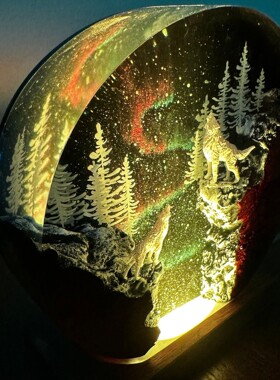跨境热卖北极光系列冬季森林雪狼家族环氧树脂灯摆件圣诞节礼物