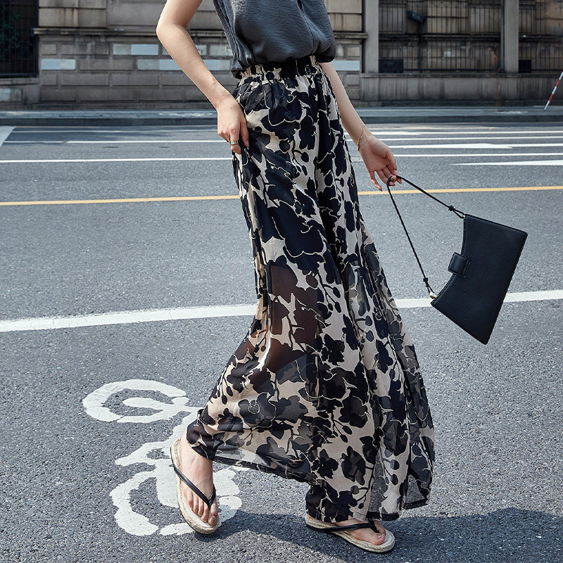 印花夏季垂感宽腿裤度假高腰长裤子 裙踪魅影休闲裤
