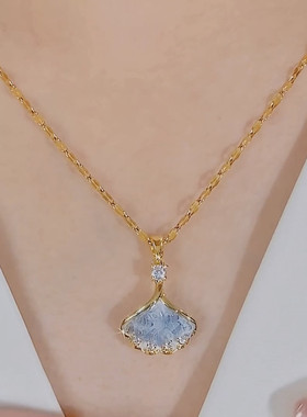 超仙蓝色银杏叶项链高级感锁骨链