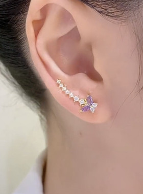 925银针紫色锆石蝴蝶耳排耳环女